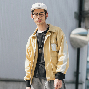 鹿岛男装2018春季新款拼接梭织刺绣短夹克衫袖子补丁工装外套学生