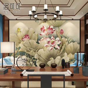 洛可可 新中式手绘荷花定制电视背景墙壁纸无纺布墙纸定制壁画