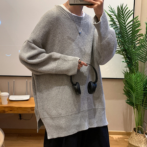 春秋款侧开叉毛衣男纯色韩版潮流休闲百搭宽松ins港风圆领针织衫