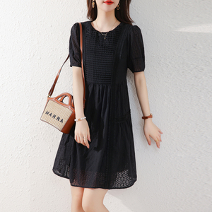 韩版连衣裙女装2024夏季新款时尚中长款高腰显瘦气质蕾丝小黑裙潮
