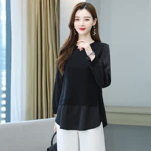 假两件套衬衫女2022春秋新款韩版圆领时尚休闲韩范儿长袖衬衣小衫