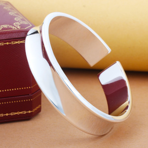 999足银手镯开口宽版凹面银手镯简约男女情侣款银镯子宽面