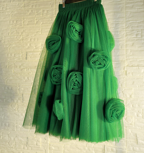 女王家高级定制 树叶绿深绿色仙女装花朵纱裙半身长纱裙