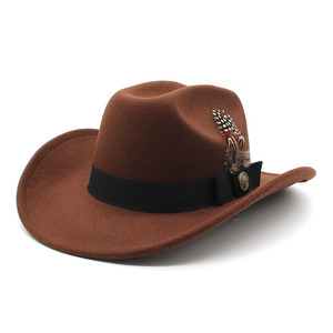 复古羽毛装饰西部牛仔帽爵士礼帽英伦绅士男女帽 Cowboy Hat