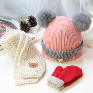 三件套秋冬季宝宝婴儿针织帽加棉绒男女儿童帽子围巾手套头帽保暖