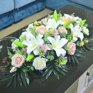 会议桌花塑料百合花办公室讲台接待酒店长形餐桌台上摆花布置装饰