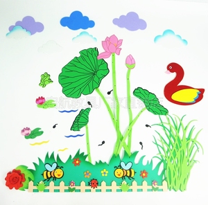 小学校幼儿园环境布置用品 泡沫荷花夏天主题 荷塘青蛙组合墙贴