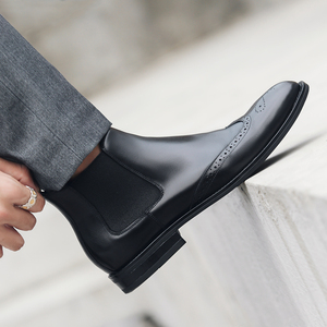 男式尖头一脚蹬皮鞋黑色高腰商务皮鞋设计感真牛皮秋冬款切尔西靴