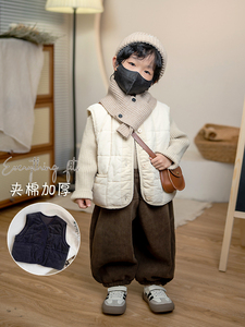 复古色系！韩国男女童加绒加厚面包马甲儿童洋气保暖灯芯绒外套冬