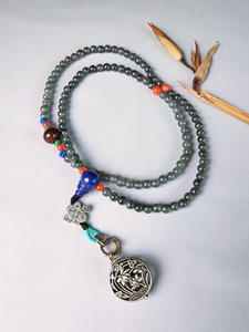 原创手工设计冰种乌鸡种翡翠108佛珠925纯银香囊吊坠挂件项链颈链