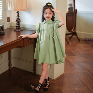 2024夏季新款女童装绿色连衣裙儿童洋气时髦A字森林系韩系公主裙
