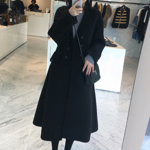 淘宝黑色呢子大衣女2017冬装韩版修身双排扣显瘦裙摆收腰毛呢外套女装