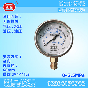 上海正保仪表厂YN-63气压抗震耐震压力表 2.5MPa/25kgf/cm2