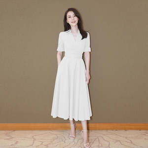 夏季高圆圆明星同款法式白色雪纺超仙衬衫连衣裙女气质领证小白裙