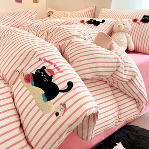 条纹猫全棉床上四件套纯棉儿童床品粉色被套学生宿舍床单三件套女
