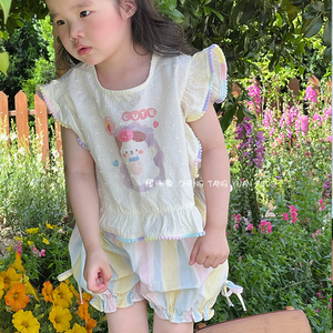 女童套装夏季新款可爱卡通娃娃衫彩虹花苞裤两件套女宝宝洋气夏装