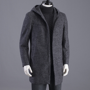 冬季新品中长款连帽保暖毛呢外套男装剪标烟灰色风衣羊毛混纺大衣