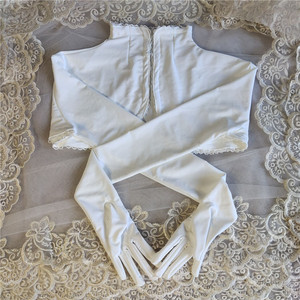 定做出口影楼新娘婚纱晚礼服高弹力本白波浪蕾丝花边连衣连领手套