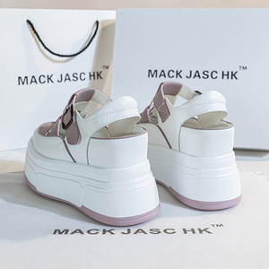 香港MACKJASCHK真皮坡跟鞋子2024新款包头厚底小白内增高凉鞋女夏