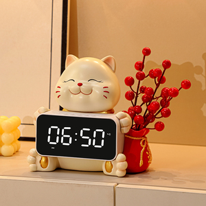 招财猫时钟摆件钟表摆台式创意客厅桌面智能蓝牙电子表摆放式闹钟