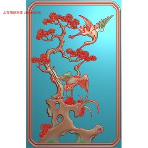 松鹤延年仙鹤松树门板靠背精雕图浮雕灰度电脑雕刻木雕图椅子后背