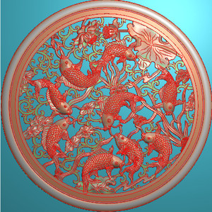 圆形镂空九鱼图挂屏年年有余九鲤鱼圆盘挂匾精雕图浮雕灰度荷花鱼