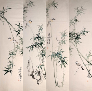 许墨真迹国画四尺对开条屏竹子客厅屏风装饰字画花鸟画绿竹t01