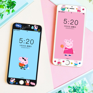 小猪佩奇苹果7钢化膜全屏覆盖6splus钢化膜卡通可爱苹果7p/8p彩膜