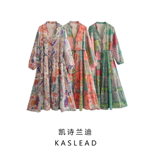 KASLEAD 新款 女装 欧美风时尚宽松印花金丝长袖大摆裙