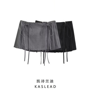 KASLEAD 新款 女装 欧美风侧边拉链开叉设计感腰部系带百褶超短裙