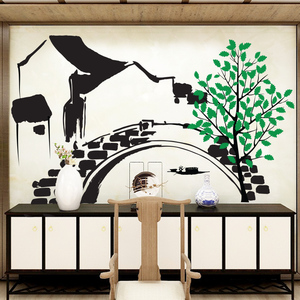 大型江南水乡水墨中国风墙贴古典古镇建筑大树风景镂空艺术贴画纸