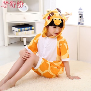 夏季儿童睡衣小鹿长颈鹿连体短袖卡通动物男女童宝宝家居服演出服