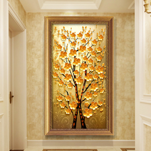 入户招财风水玄关装饰画走廊过道竖版摇钱树发财树入户客厅油挂画