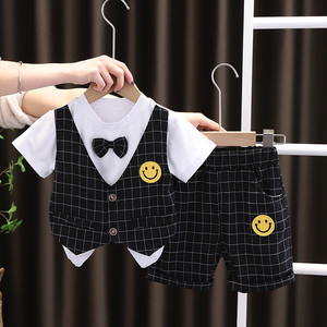 儿童新款夏季短袖2024男宝宝韩版帅气格子马甲套装小童婴儿两件套
