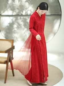 中国风女装中式复古改良旗袍连衣裙仙女修身禅意茶服女春秋季红色