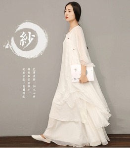 中国风白色禅意禅修禅舞服女汉服文艺飘逸宽松中长款连衣裙两件套