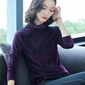 平绒上衣女秋冬金丝绒洋气小衫韩版气质条纹高龄打底衫女长袖t恤