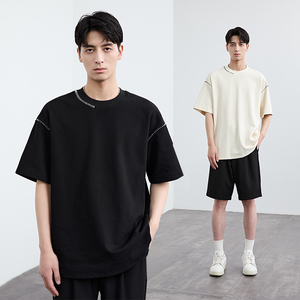 黑择明缝线设计夏季宽松休闲短袖T恤男简约韩版时尚潮流上衣体恤