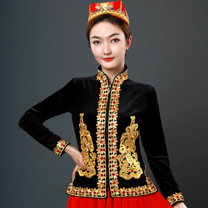 新疆舞蹈服上衣金丝绒长袖马甲女成人秋冬演出服中老年广场舞外套