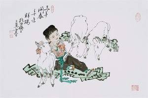 纯手绘四尺三开横幅临摹范曾写意人物三羊开泰名人字画中国画书画