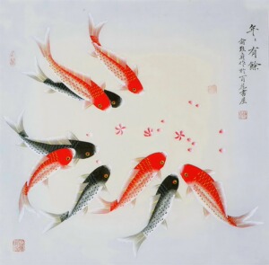 国画荷花鱼斗方