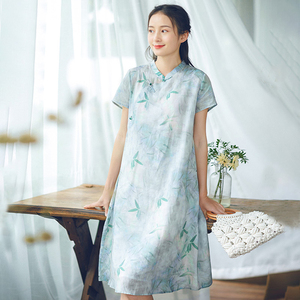 红念苎麻连衣裙女夏季女装2022年新款中长款改良版宽松旗袍长裙子