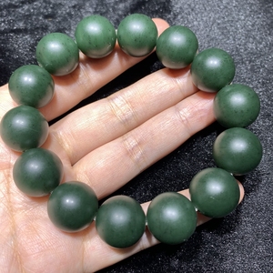 新疆和田玉戈壁料菠菜绿碧玉圆珠手串戈壁山流水16mm收藏级玉手串
