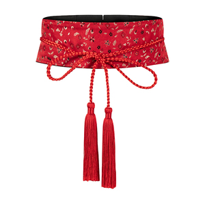 国风红色腰带宽腰封丝绸女士连衣裙绑带装饰编织配饰优雅束腰腰带