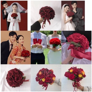 中式婚礼新娘捧花 婚纱摄影道具仿真红玫瑰 外景秀禾服手捧花包邮