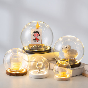 球形玻璃罩发光原木底座LED暖光透明圆球防尘罩永生花带灯玻璃盅