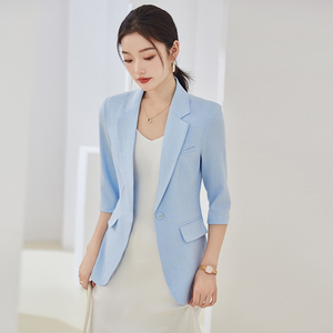 蓝色小西装外套女夏季薄款中袖韩版修身高级感亮丝免烫小个子上衣