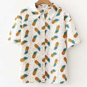 日系软妹原宿风文艺小清新波点水果菠萝印花宽松短袖衬衫上衣女潮