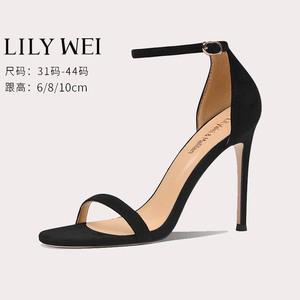 Lily Wei黑色凉鞋女夏季一字带高跟鞋细跟大码女鞋41一43性感百搭