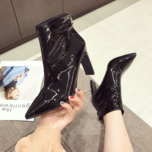 琪琪家秋冬漆皮短靴女高跟靴子34小码短筒靴粗跟后拉链显瘦时装靴